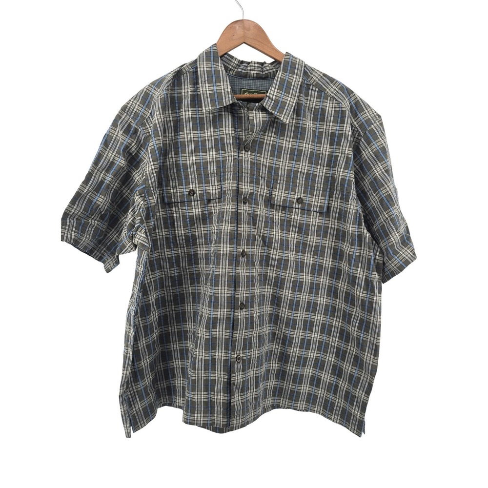 Eddie Bauer Button Front Shirt Mens XXL Gray Blue Plaid Short Sleeve Pockets